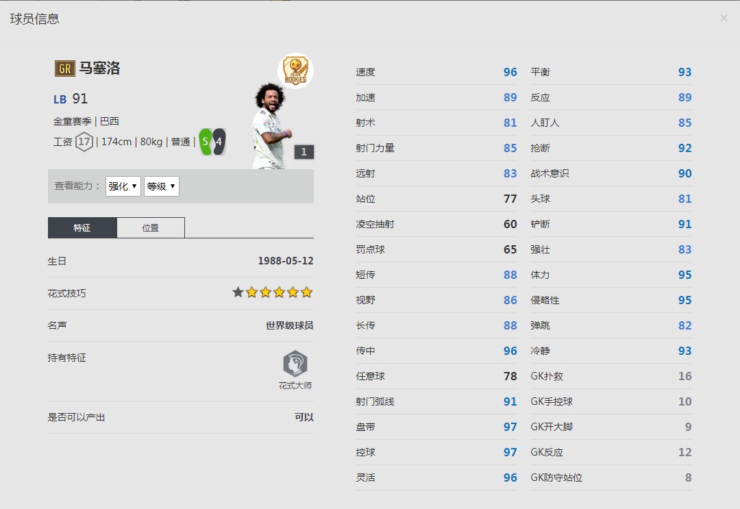 《FIFA online4》金童赛季/马塞洛详细数据一览