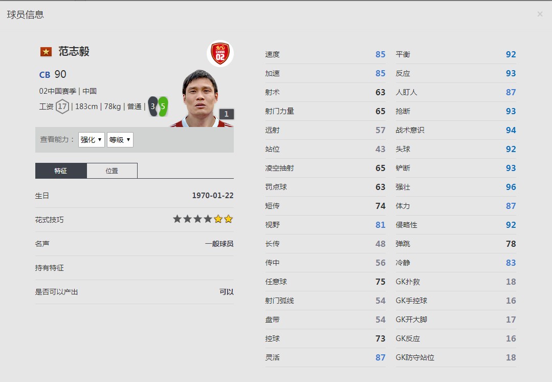 《FIFA online4》范志毅球员信息