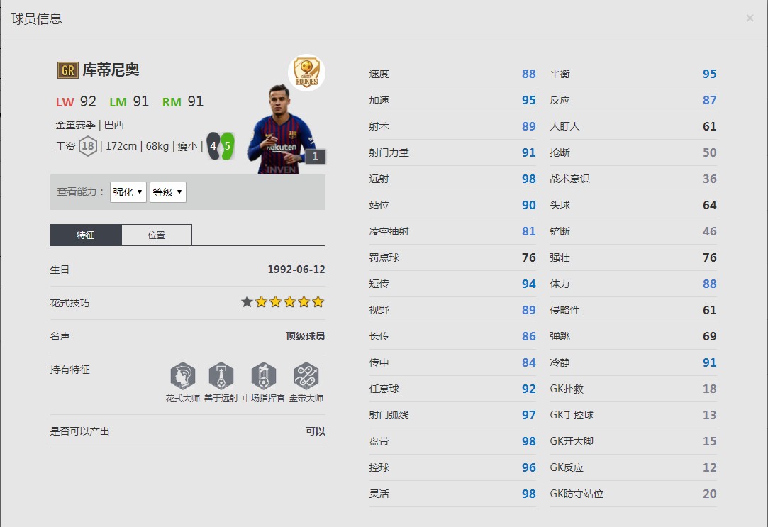 《FIFA online4》库蒂尼奥球员信息