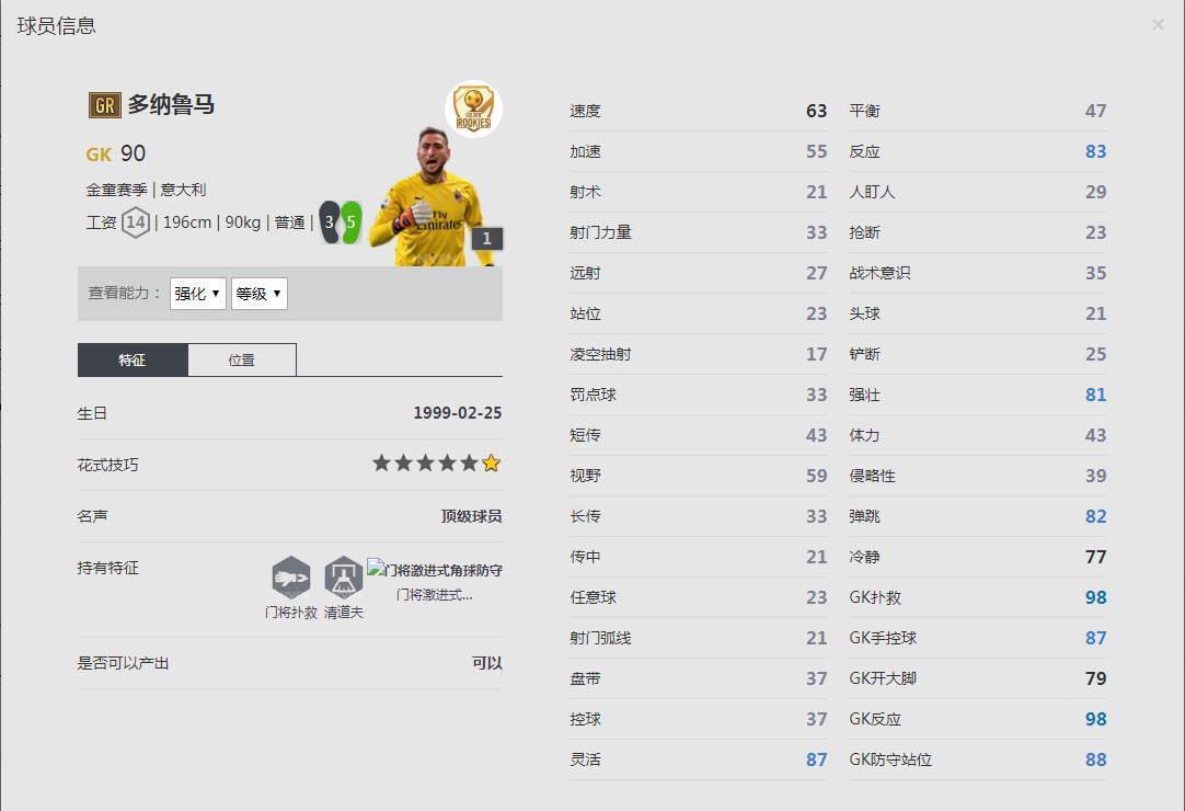 《FIFA online4》多纳鲁马球员信息