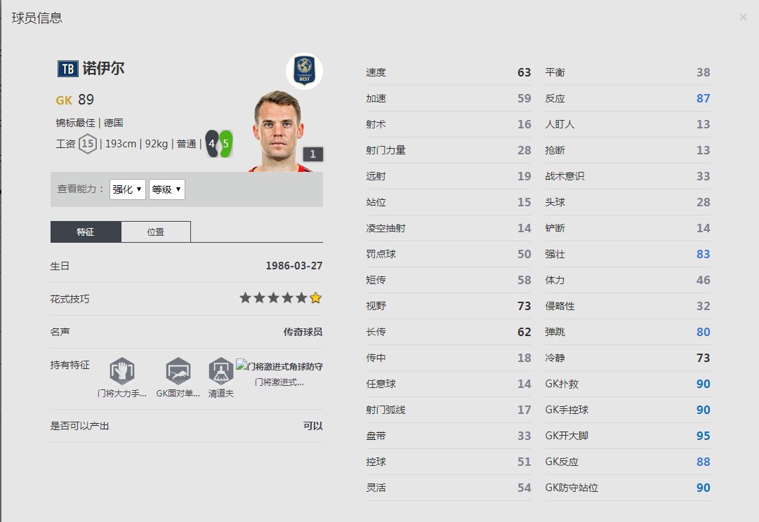 《FIFA online4》曼努埃尔·诺伊尔球员信息