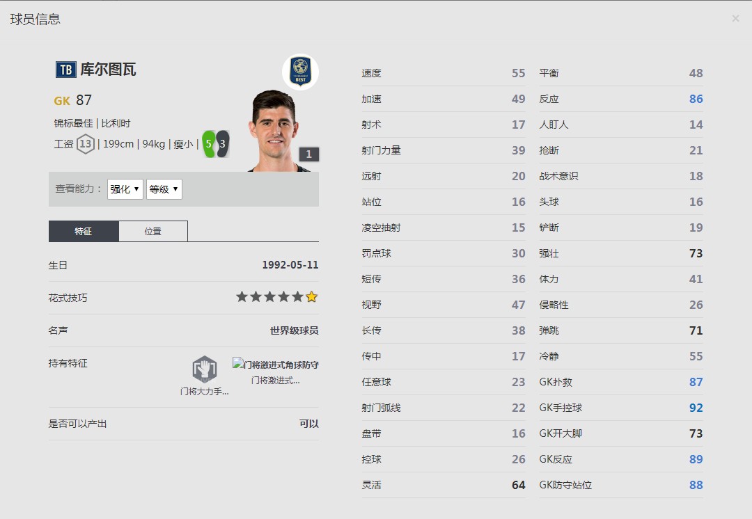 《FIFA online4》蒂博·库尔图瓦球员信息