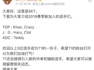 《LOL》SKT战队S9阵容正式公布